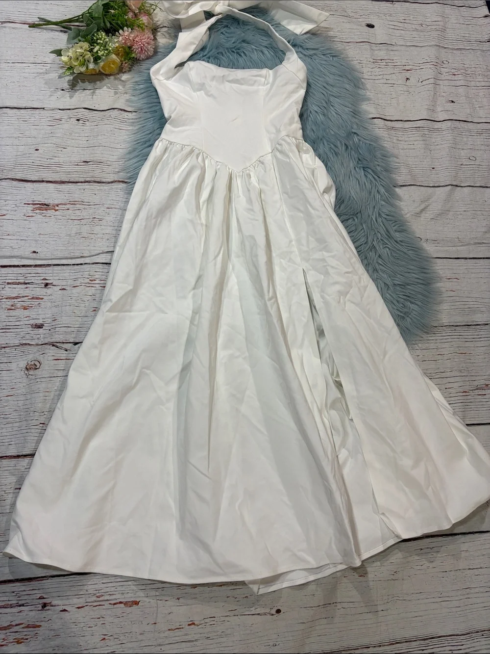 NWT Showpo. HELDA MIDI DRESS Halter Tie Neck Corset Panel In Off White